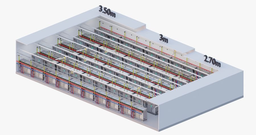 I4DC room: rows of immersed racks under a 2.70 m ceiling, 3.50 m and 3 m dimensions