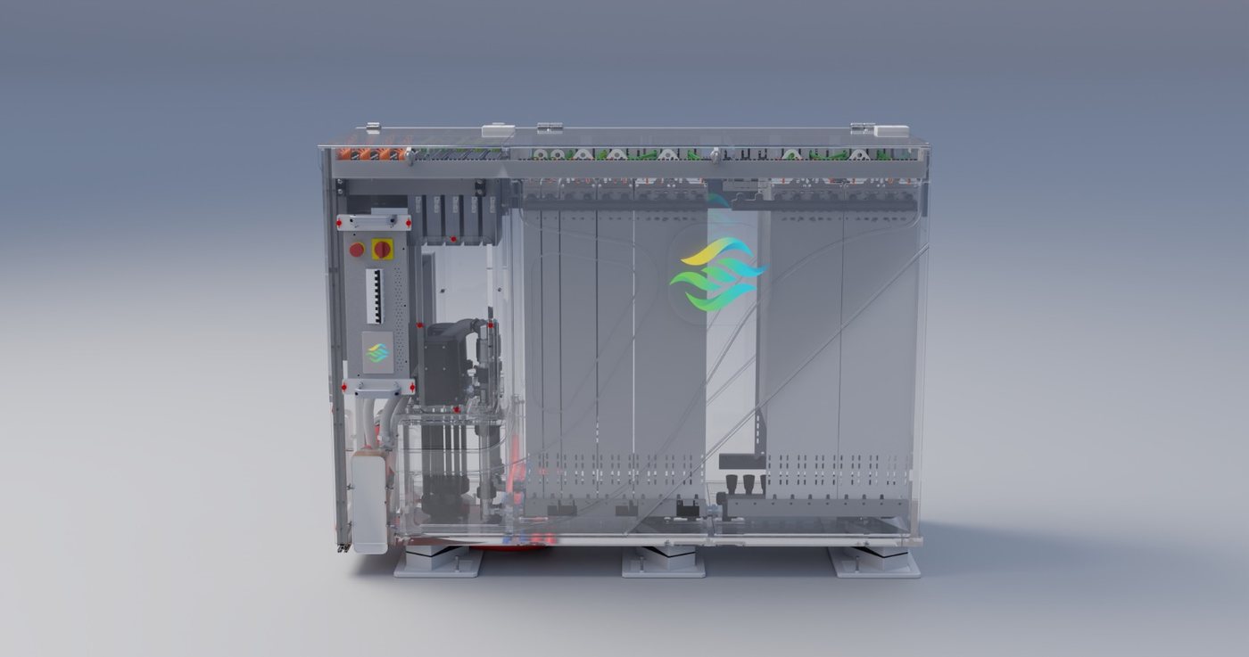 iDTM Slim DC immersed rack, transparent tank, front view